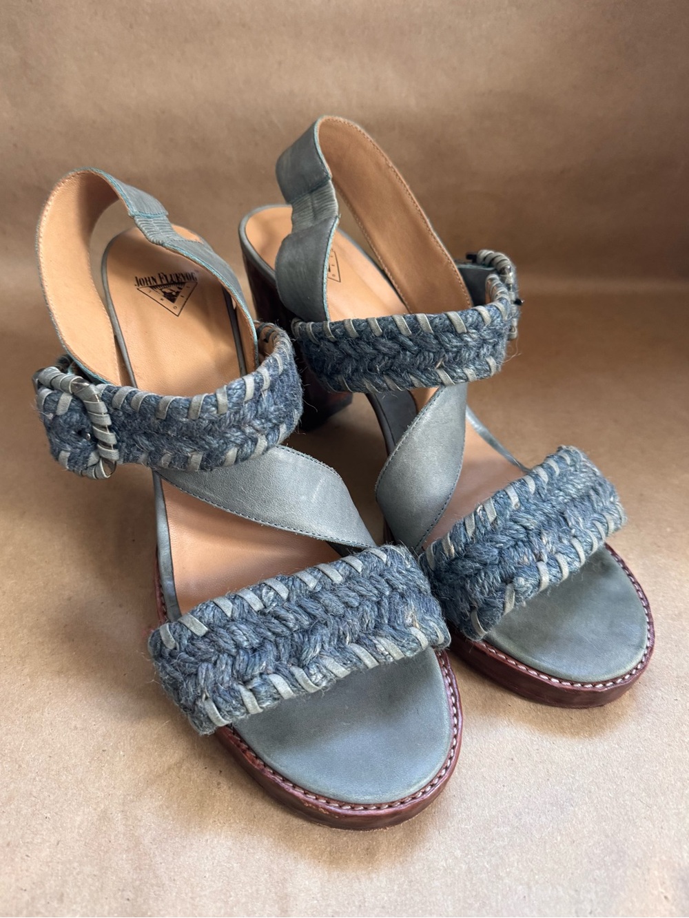 John Fluevog Tuggawar Hopscotch Leather Woven Fibre Strappy Heeled Sandals. 11.5 - Picture 2 of 15